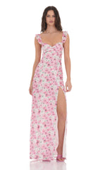Lace Floral Ruffle Sleeve Maxi Dress in White