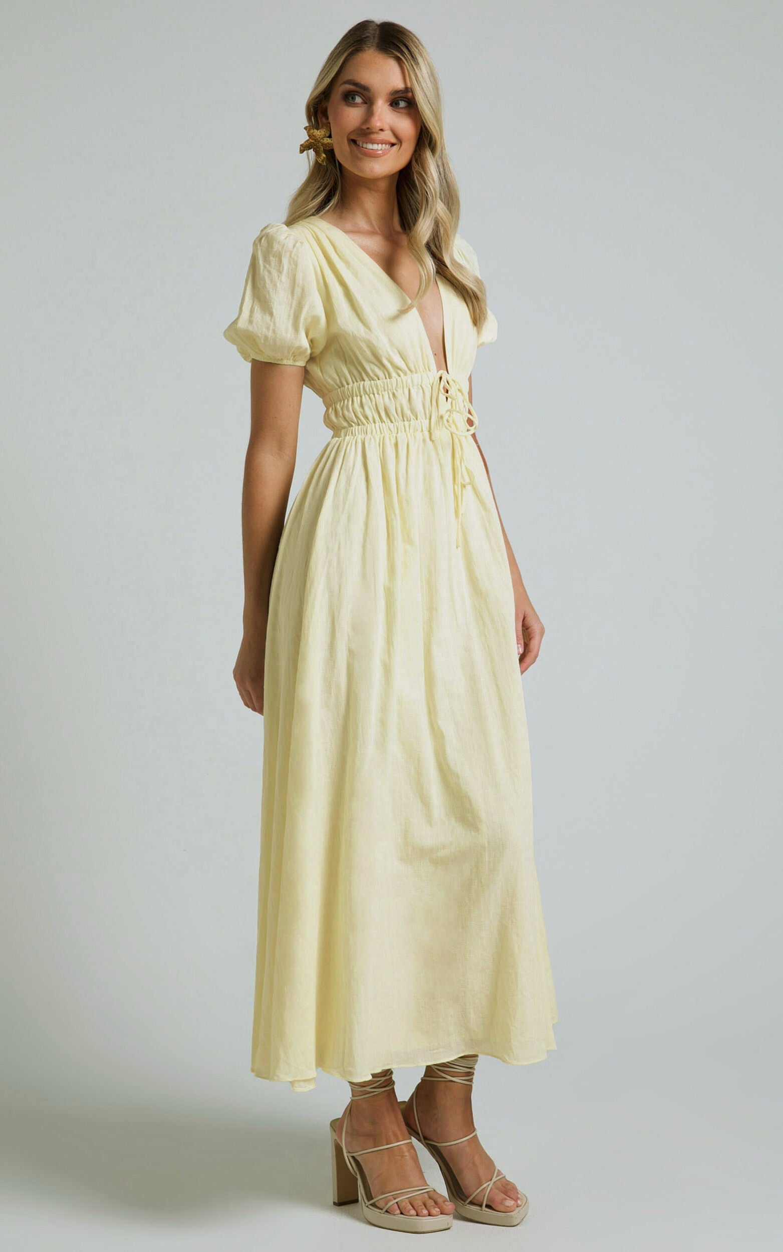 Portofino Midi Dress - V Neck Puff Sleeve Dress in Yellow