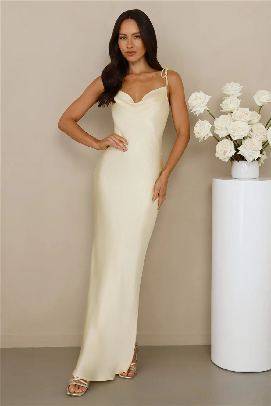 The Penelope Cowl Satin Maxi Dress Yellow