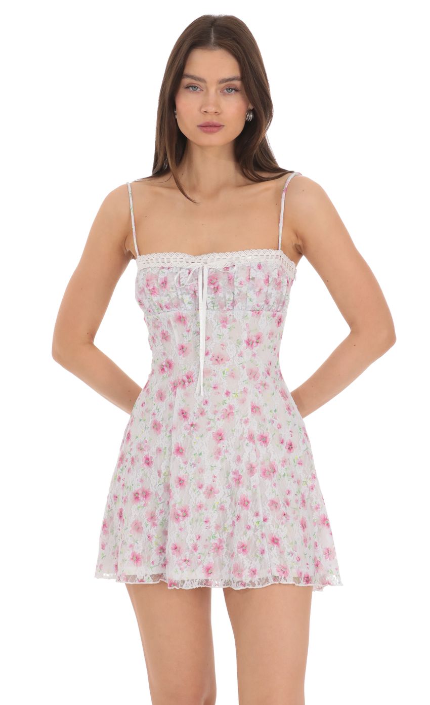 Lace Floral Front Tie Dress in White