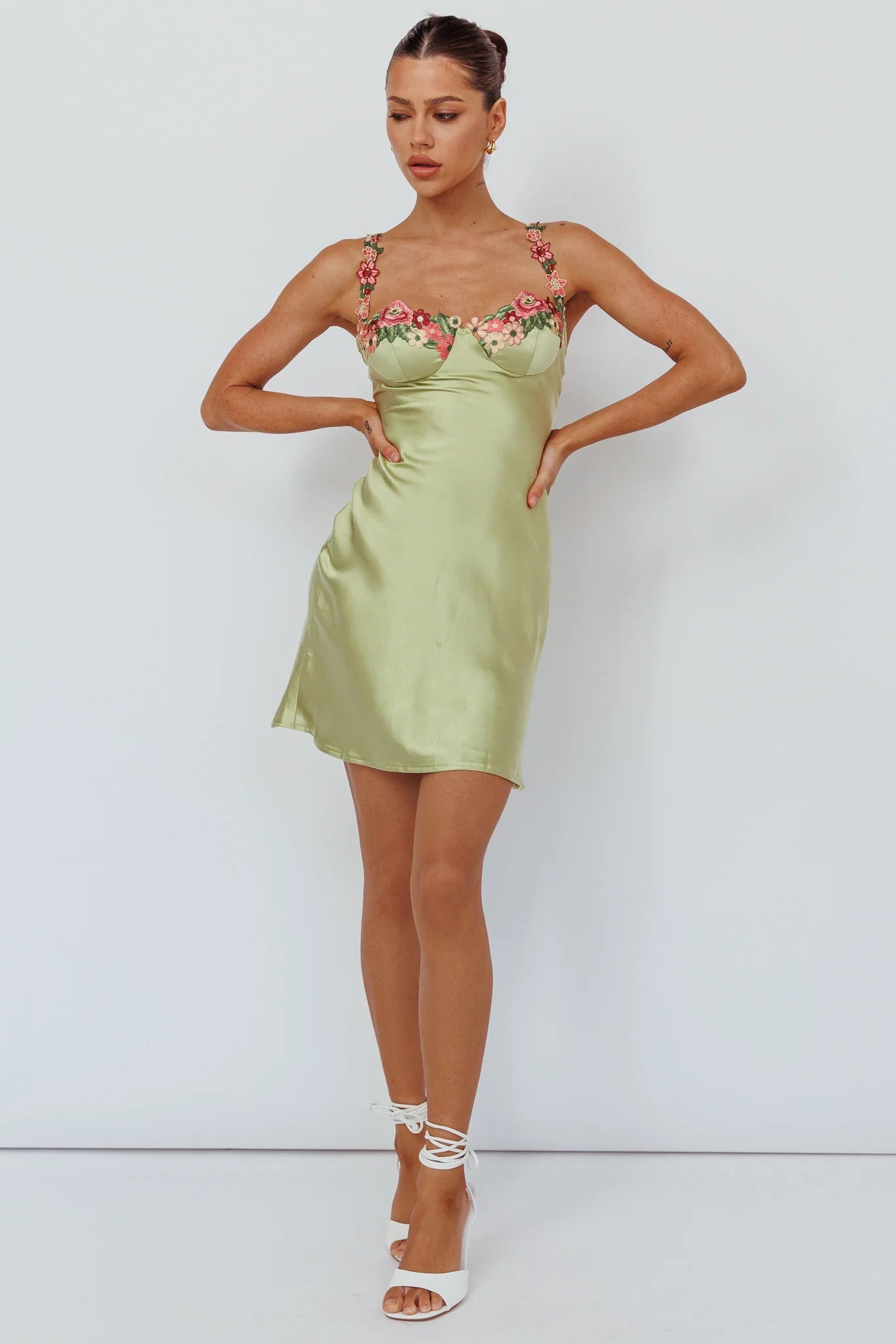 Rose Garden Floral Applique Mini Dress Lime